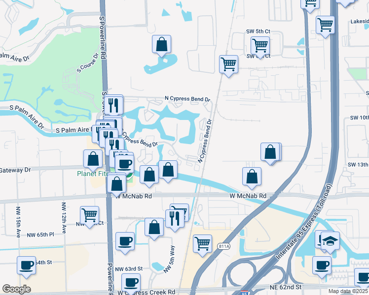 map of restaurants, bars, coffee shops, grocery stores, and more near 2205 South Cypress Bend Drive in Pompano Beach