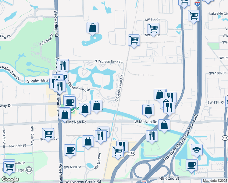 map of restaurants, bars, coffee shops, grocery stores, and more near 2112 North Cypress Bend Drive in Pompano Beach