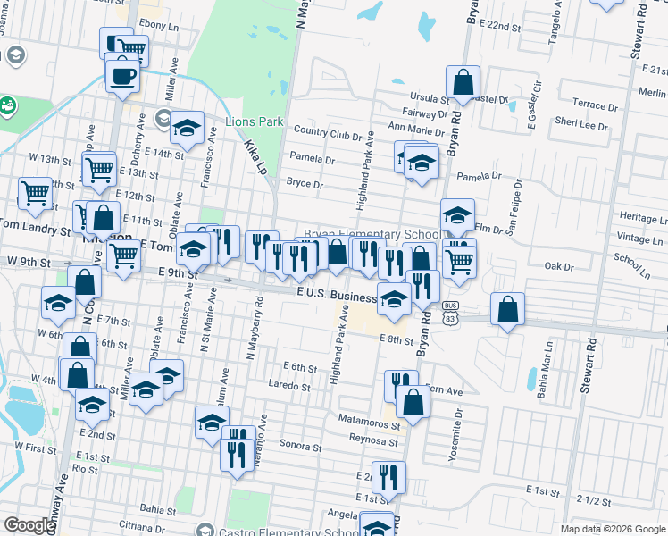 map of restaurants, bars, coffee shops, grocery stores, and more near 1017 East Tom Landry Street in Mission