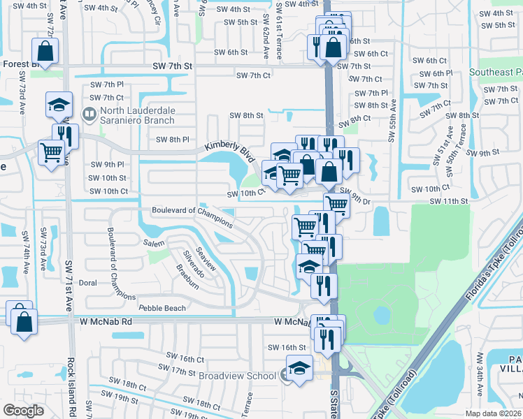 map of restaurants, bars, coffee shops, grocery stores, and more near 710 Holly Street in North Lauderdale