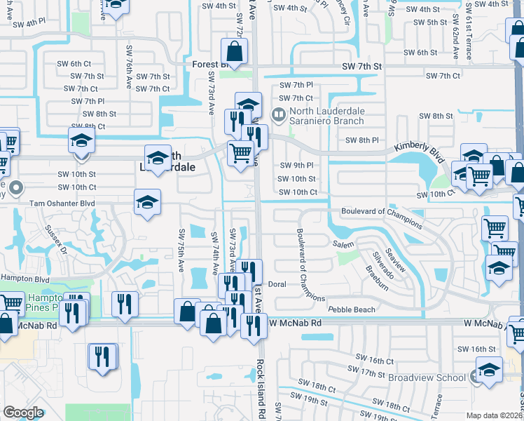 map of restaurants, bars, coffee shops, grocery stores, and more near 1107 Merion Place in North Lauderdale