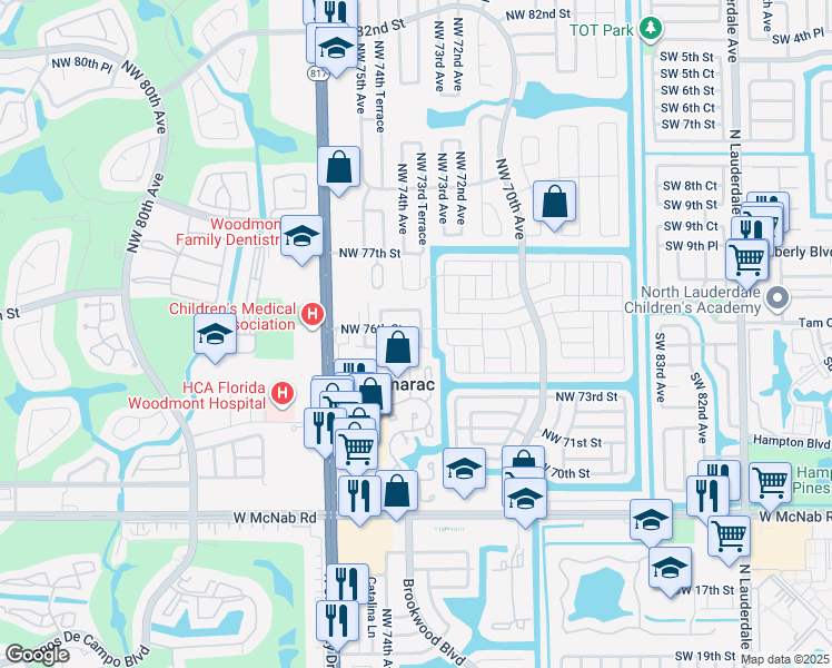 map of restaurants, bars, coffee shops, grocery stores, and more near 7310 Northwest 75th Street in Tamarac