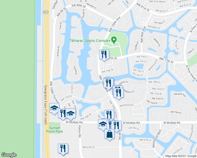 map of restaurants, bars, coffee shops, grocery stores, and more near 7214 Ashmont Circle in Tamarac