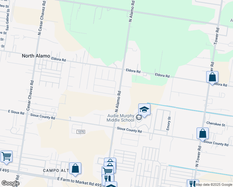 map of restaurants, bars, coffee shops, grocery stores, and more near 1302 North Alamo Road in Alamo