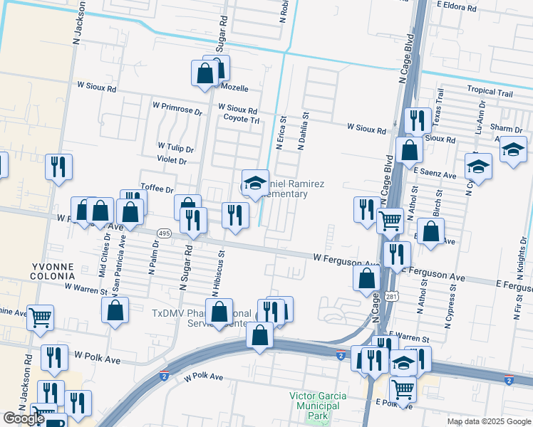 map of restaurants, bars, coffee shops, grocery stores, and more near 2109 North Erica Street in Pharr