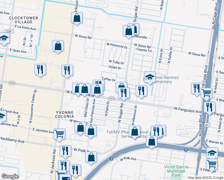 map of restaurants, bars, coffee shops, grocery stores, and more near 912 West Ferguson Avenue in Pharr