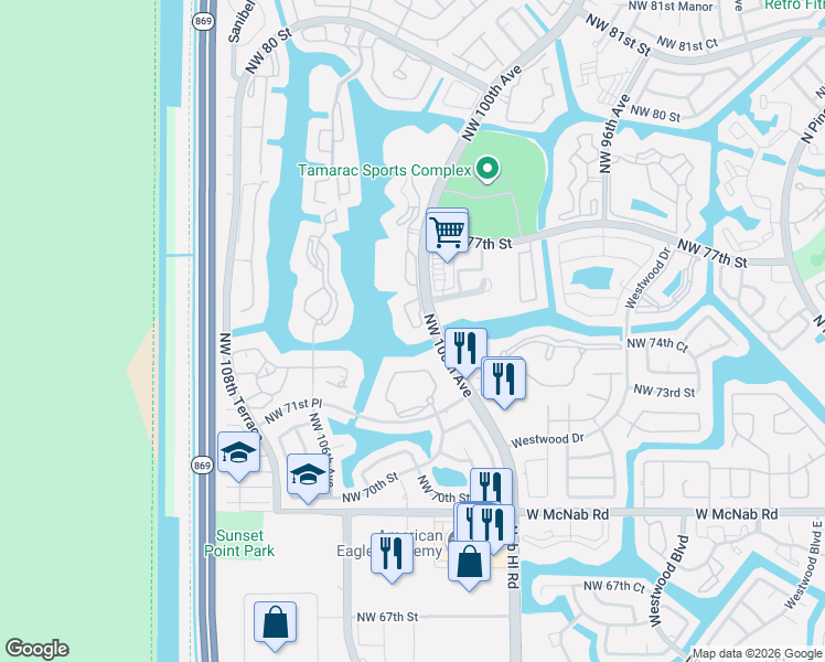 map of restaurants, bars, coffee shops, grocery stores, and more near 7611 Southampton Terrace in Tamarac