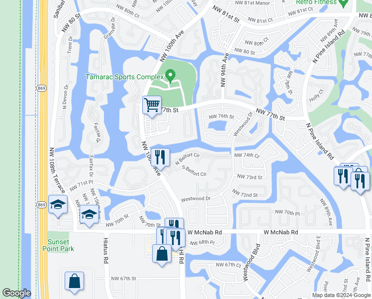 map of restaurants, bars, coffee shops, grocery stores, and more near 9784 North Belfort Circle in Tamarac