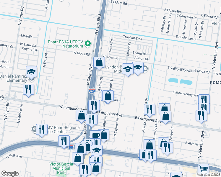 map of restaurants, bars, coffee shops, grocery stores, and more near 207 East Diaz Avenue in Pharr