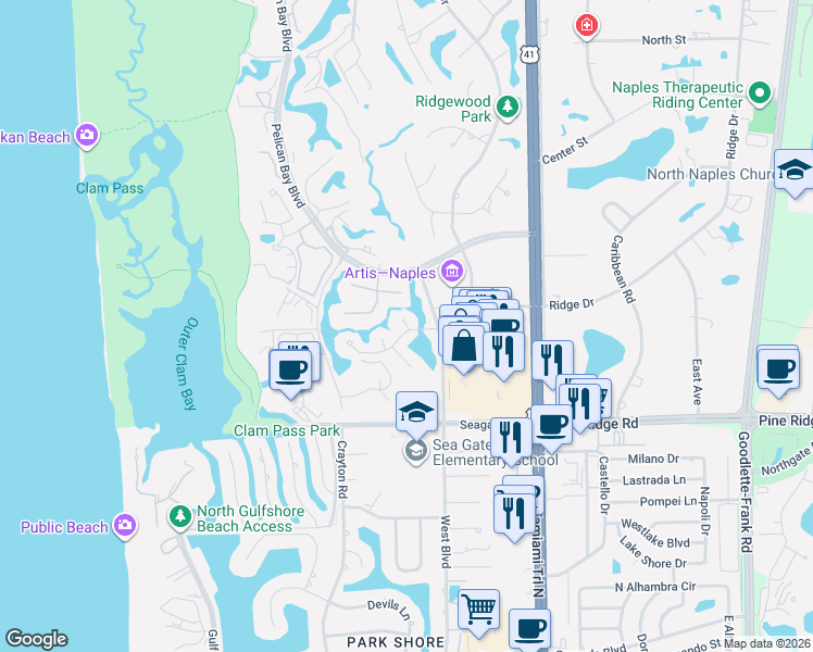map of restaurants, bars, coffee shops, grocery stores, and more near 654 Bridge Way Lane in Naples