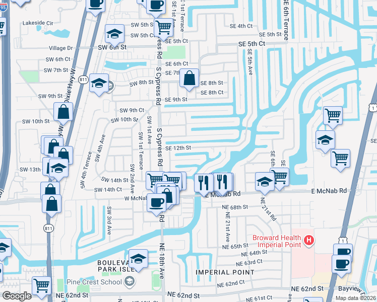 map of restaurants, bars, coffee shops, grocery stores, and more near 151 Southeast 12th Court in Pompano Beach