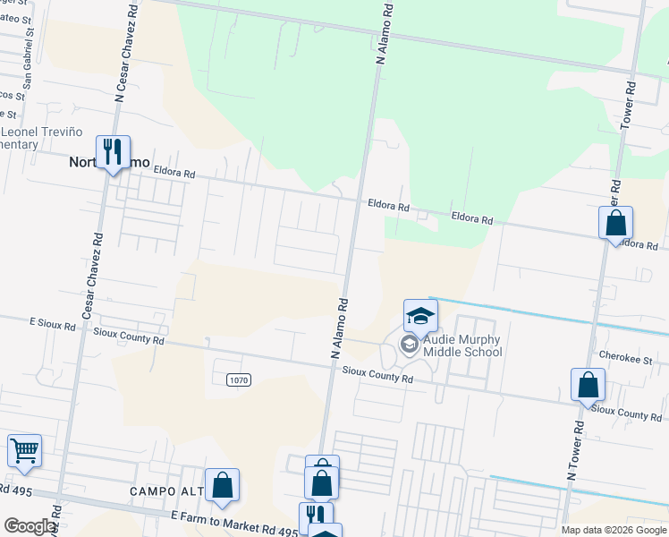 map of restaurants, bars, coffee shops, grocery stores, and more near 1302 North Alamo Road in Alamo