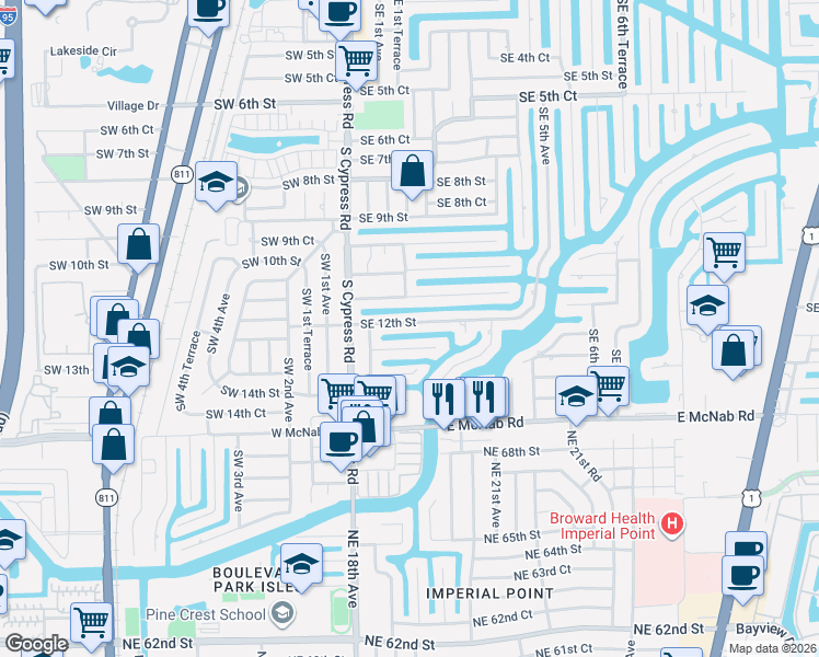 map of restaurants, bars, coffee shops, grocery stores, and more near 151 Southeast 12th Court in Pompano Beach