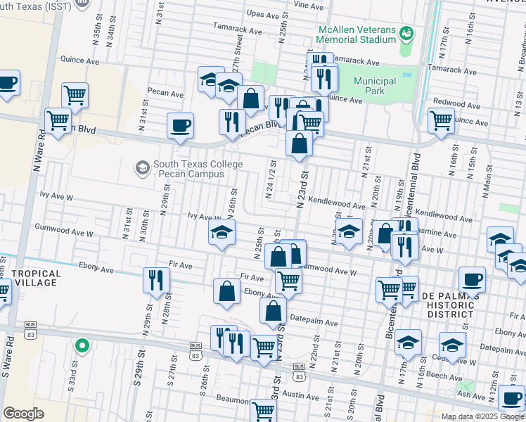 map of restaurants, bars, coffee shops, grocery stores, and more near 2500 Jasmine Avenue in McAllen