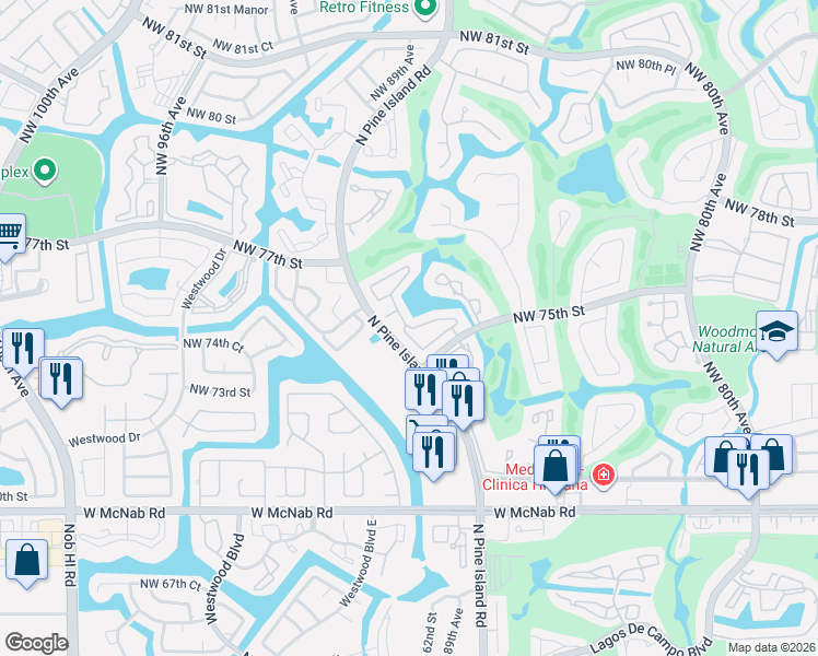map of restaurants, bars, coffee shops, grocery stores, and more near 7521 Northwest 87th Way in Tamarac