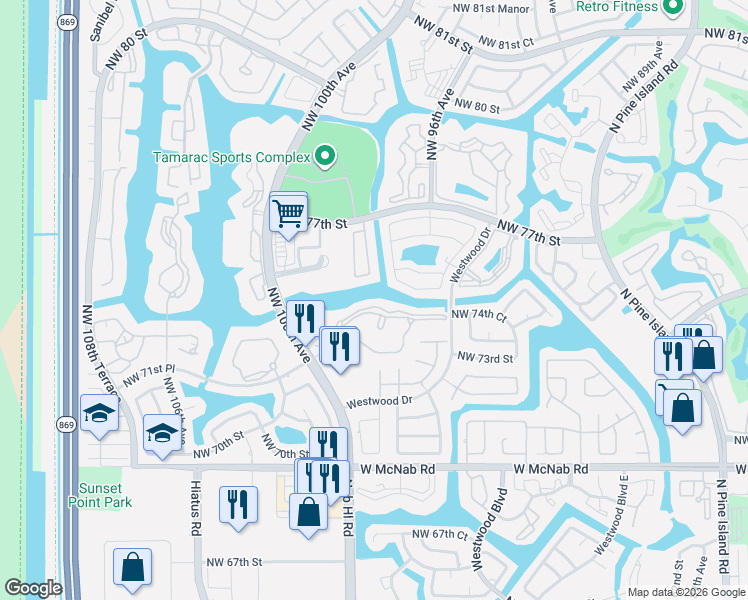 map of restaurants, bars, coffee shops, grocery stores, and more near 9506 North Belfort Circle in Tamarac