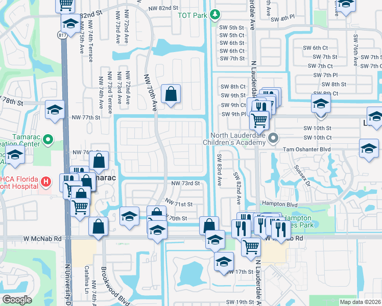 map of restaurants, bars, coffee shops, grocery stores, and more near 6800 Northwest 75th Court in Tamarac