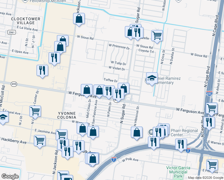 map of restaurants, bars, coffee shops, grocery stores, and more near 1400 Del Oro Lane in Pharr
