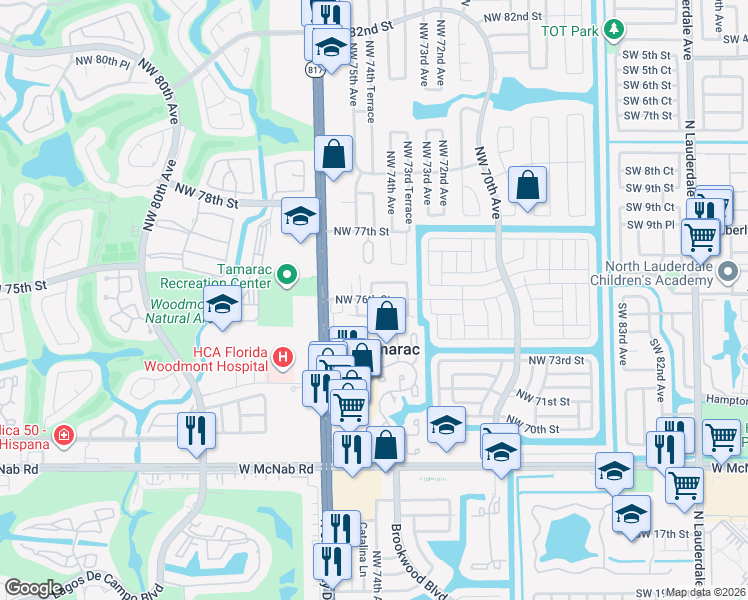 map of restaurants, bars, coffee shops, grocery stores, and more near 7410 Northwest 75th Street in Tamarac