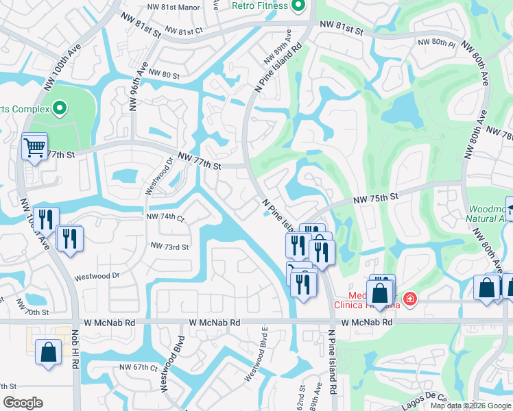 map of restaurants, bars, coffee shops, grocery stores, and more near 7614 Northwest 88th Circle in Tamarac