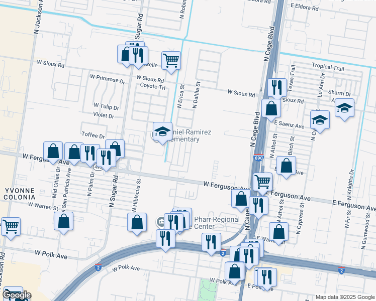map of restaurants, bars, coffee shops, grocery stores, and more near 2300 North Dahlia Street in Pharr