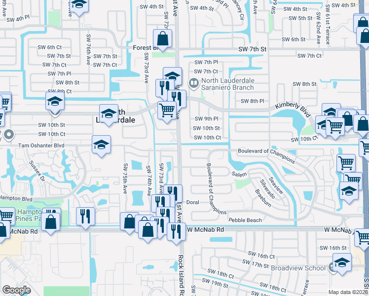 map of restaurants, bars, coffee shops, grocery stores, and more near 1031 Southwest 70th Way in North Lauderdale