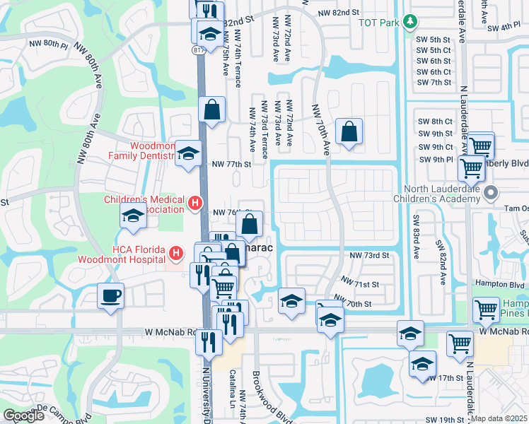 map of restaurants, bars, coffee shops, grocery stores, and more near 7620 Northwest 73rd Terrace in Tamarac