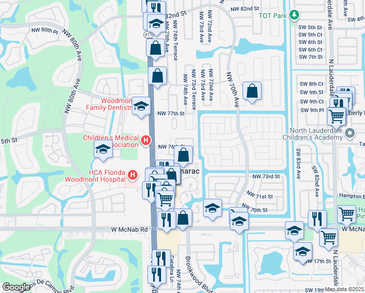 map of restaurants, bars, coffee shops, grocery stores, and more near 7409 Northwest 76th Court in Tamarac