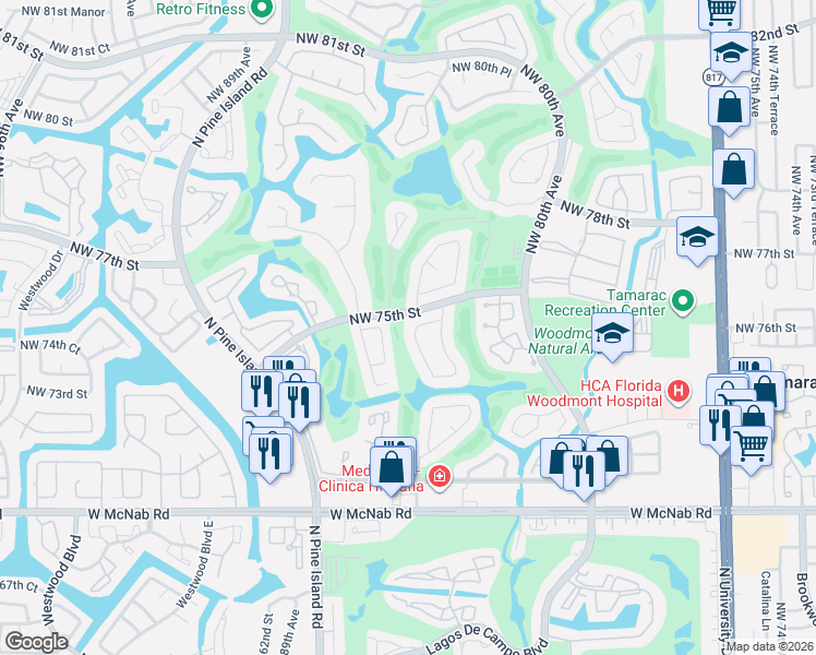 map of restaurants, bars, coffee shops, grocery stores, and more near 7501 Black Olive Way in Tamarac