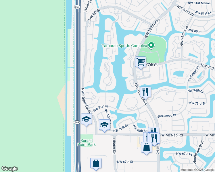 map of restaurants, bars, coffee shops, grocery stores, and more near 7315 Fairfax Drive in Tamarac