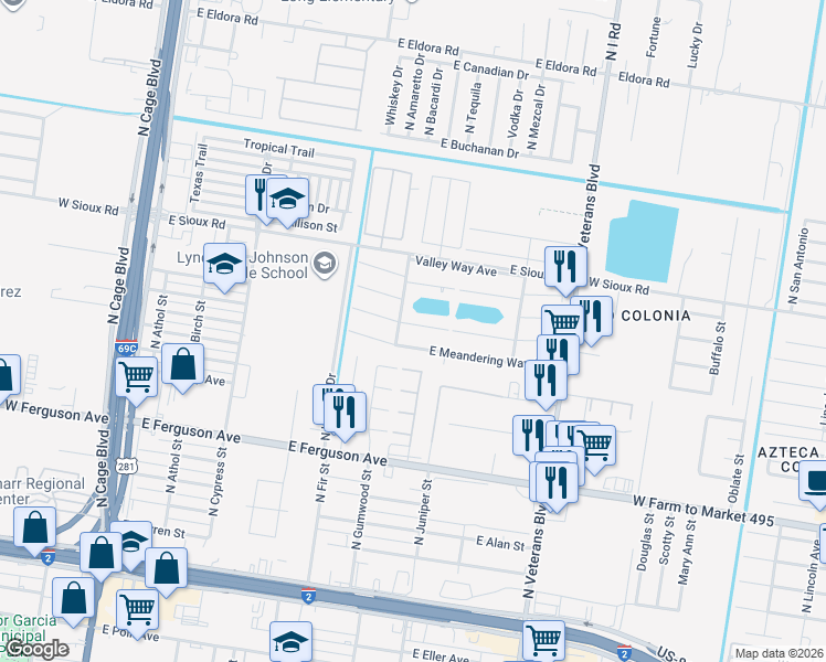 map of restaurants, bars, coffee shops, grocery stores, and more near 401 East Tangelo Way in Pharr
