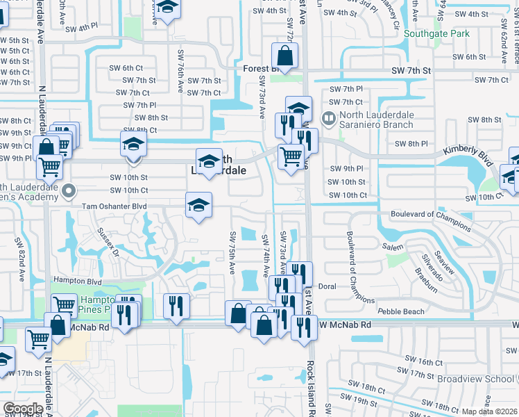 map of restaurants, bars, coffee shops, grocery stores, and more near 7415 Tam Oshanter Boulevard in North Lauderdale