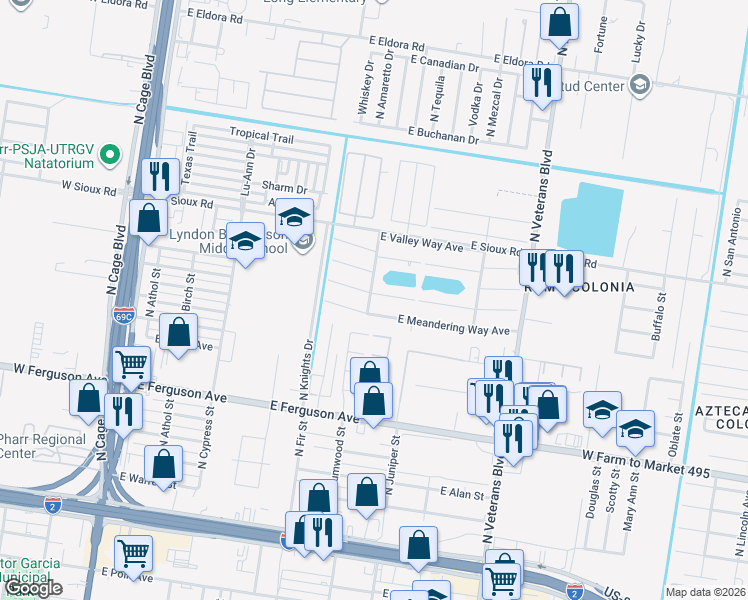 map of restaurants, bars, coffee shops, grocery stores, and more near 401 East Tangelo Way in Pharr