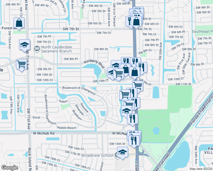 map of restaurants, bars, coffee shops, grocery stores, and more near 818 East Palm Run Drive in North Lauderdale