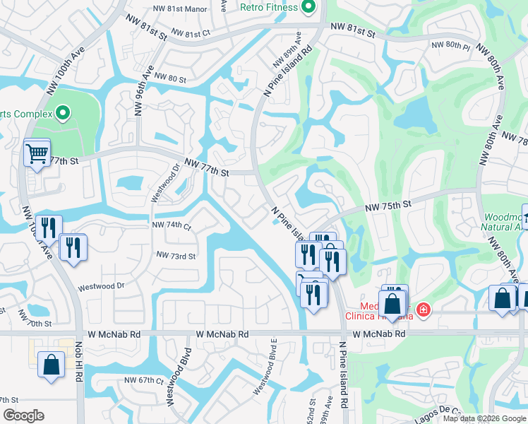 map of restaurants, bars, coffee shops, grocery stores, and more near 7614 Northwest 88th Circle in Tamarac