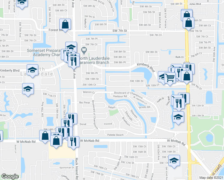 map of restaurants, bars, coffee shops, grocery stores, and more near 6593 Southwest 10th Court in North Lauderdale