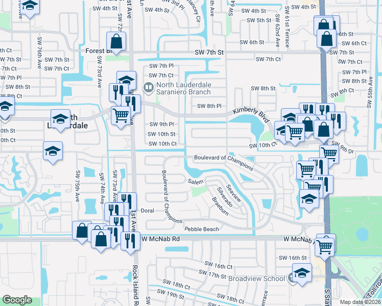 map of restaurants, bars, coffee shops, grocery stores, and more near 6593 Southwest 10th Court in North Lauderdale
