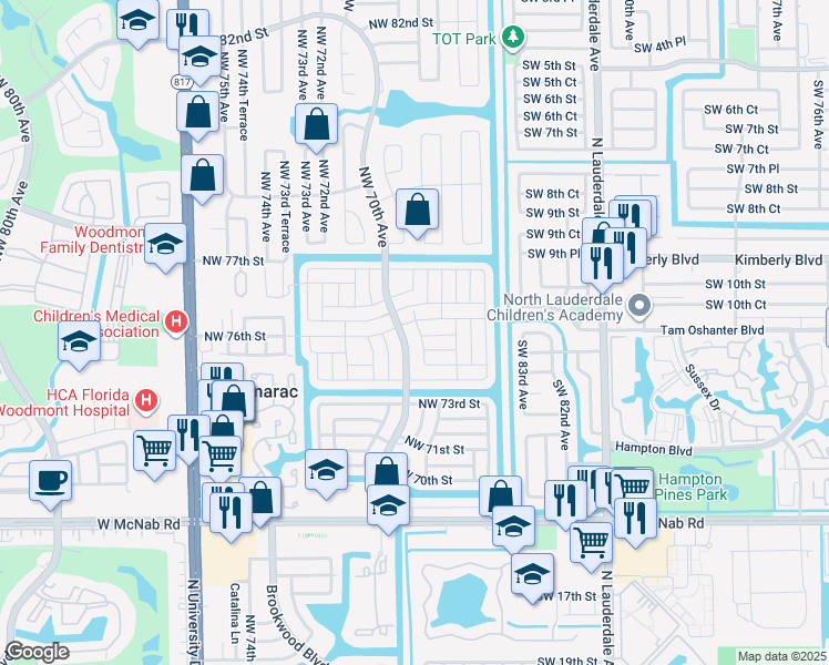 map of restaurants, bars, coffee shops, grocery stores, and more near 6901 Northwest 76th Street in Tamarac