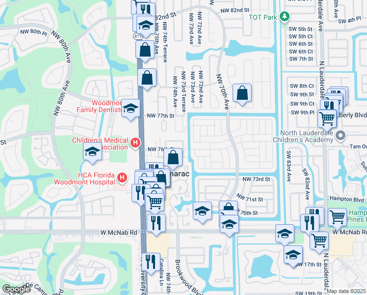 map of restaurants, bars, coffee shops, grocery stores, and more near 7620 Northwest 73rd Terrace in Tamarac