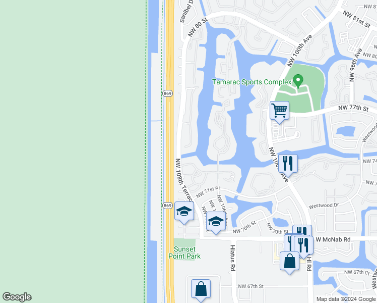 map of restaurants, bars, coffee shops, grocery stores, and more near 7219 South Devon Drive in Tamarac