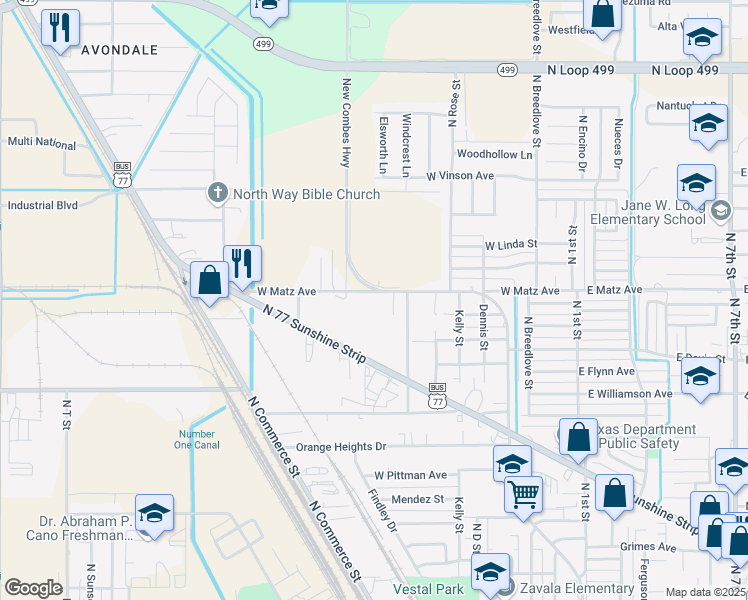 map of restaurants, bars, coffee shops, grocery stores, and more near 704-898 West Matz Avenue in Harlingen