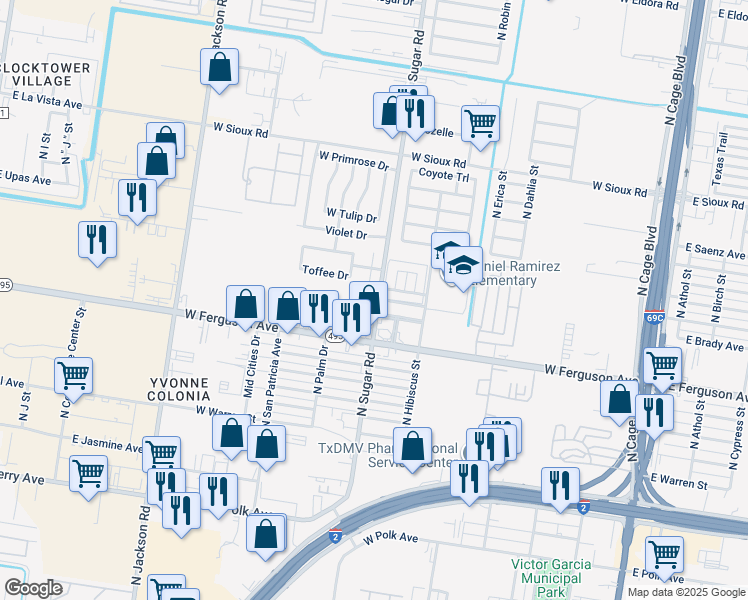 map of restaurants, bars, coffee shops, grocery stores, and more near 2304 North Carnation Lane in Pharr