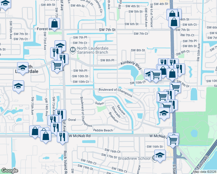 map of restaurants, bars, coffee shops, grocery stores, and more near 6513 Southwest 10th Court in North Lauderdale