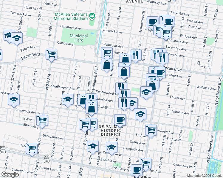 map of restaurants, bars, coffee shops, grocery stores, and more near 1205 North 16th Street in McAllen