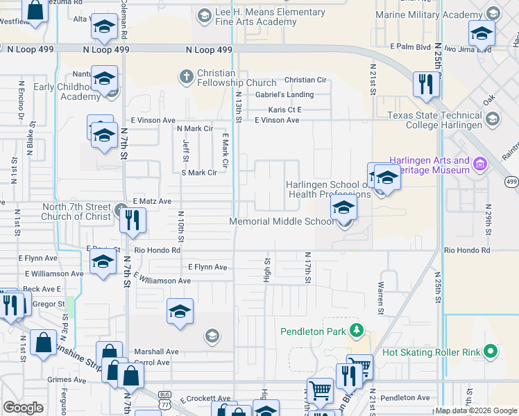 map of restaurants, bars, coffee shops, grocery stores, and more near 1402 Summer Court in Harlingen