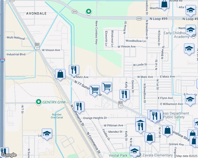 map of restaurants, bars, coffee shops, grocery stores, and more near 2701 New Combes Highway in Harlingen