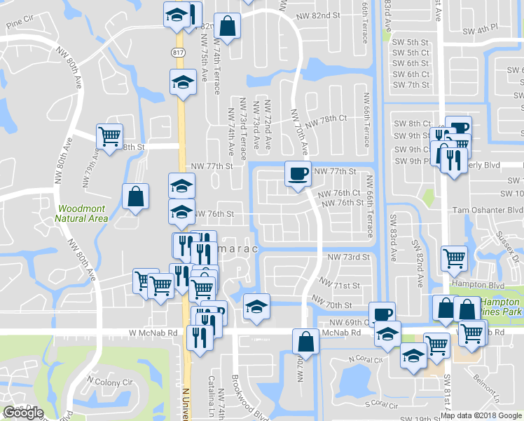 map of restaurants, bars, coffee shops, grocery stores, and more near 7211 Northwest 76th Street in Tamarac