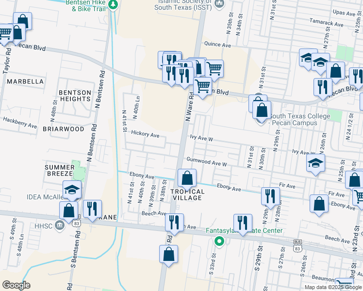 map of restaurants, bars, coffee shops, grocery stores, and more near 2100 Hackberry Avenue in McAllen