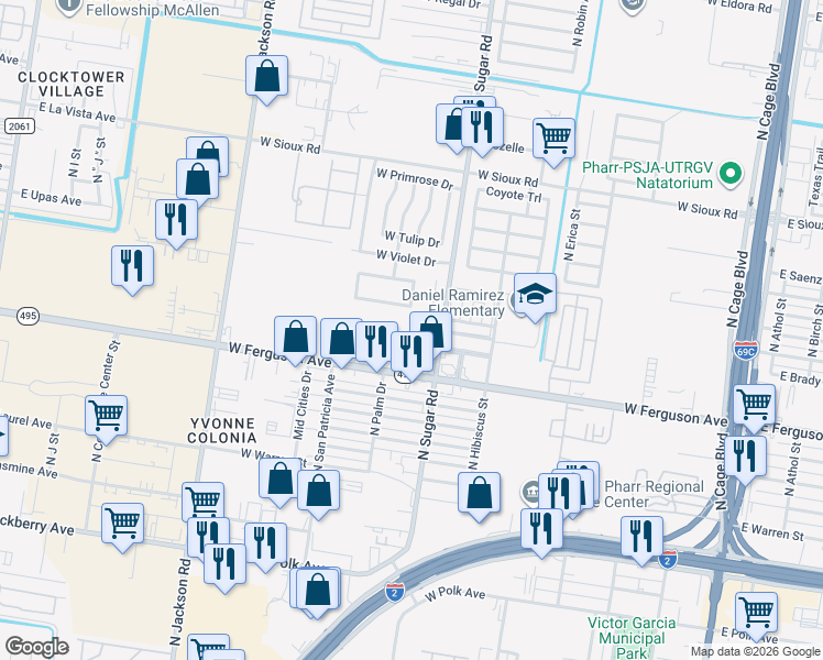 map of restaurants, bars, coffee shops, grocery stores, and more near 919 West Toffee Drive in Pharr