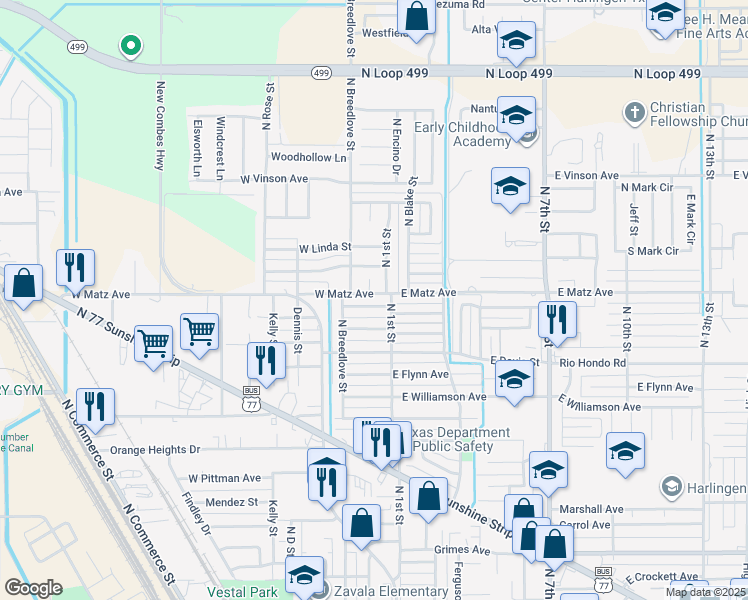 map of restaurants, bars, coffee shops, grocery stores, and more near 104 West Matz Avenue in Harlingen